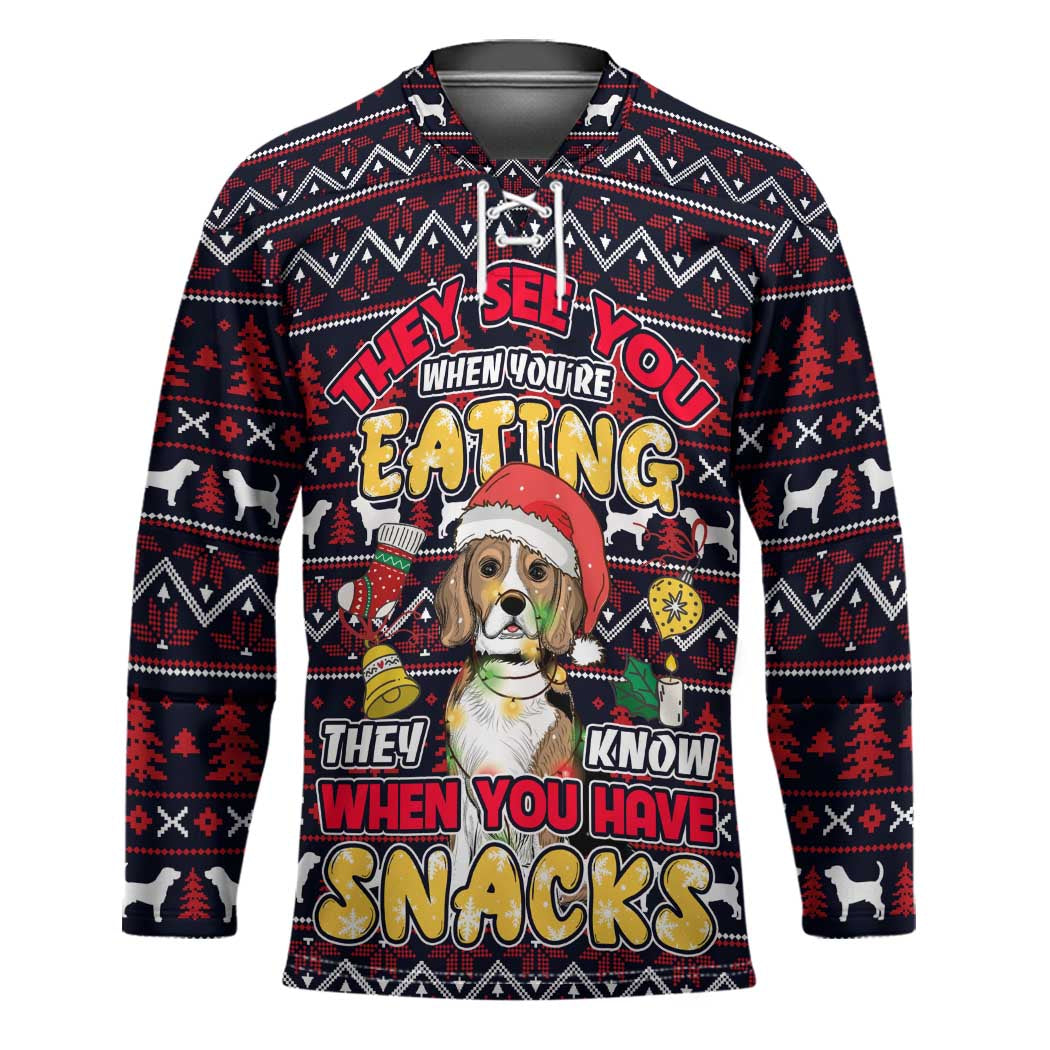 Beagle Dog They Know When You Have Snacks Christmas Hockey Jersey Xmas Holiday Patterns - Wonder Print Shop