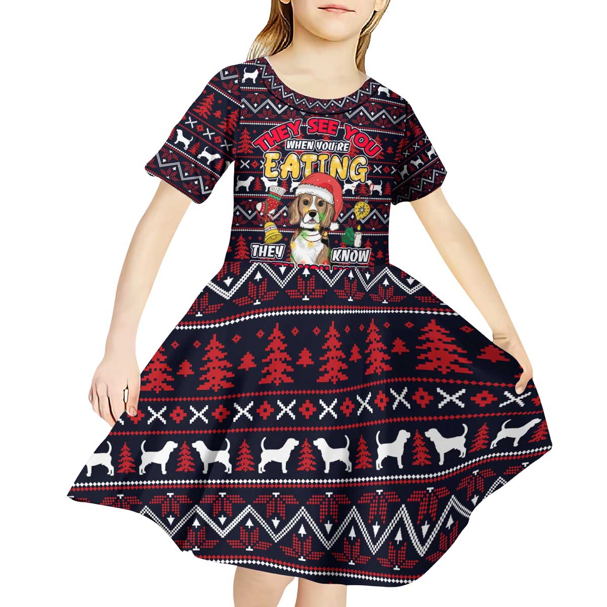 Beagle Dog They Know When You Have Snacks Christmas Kid Short Sleeve Dress Xmas Holiday Patterns - Wonder Print Shop