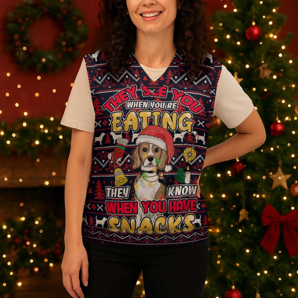 Beagle Dog They Know When You Have Snacks Christmas Knitted V-Neck Vest Xmas Holiday Patterns - Wonder Print Shop