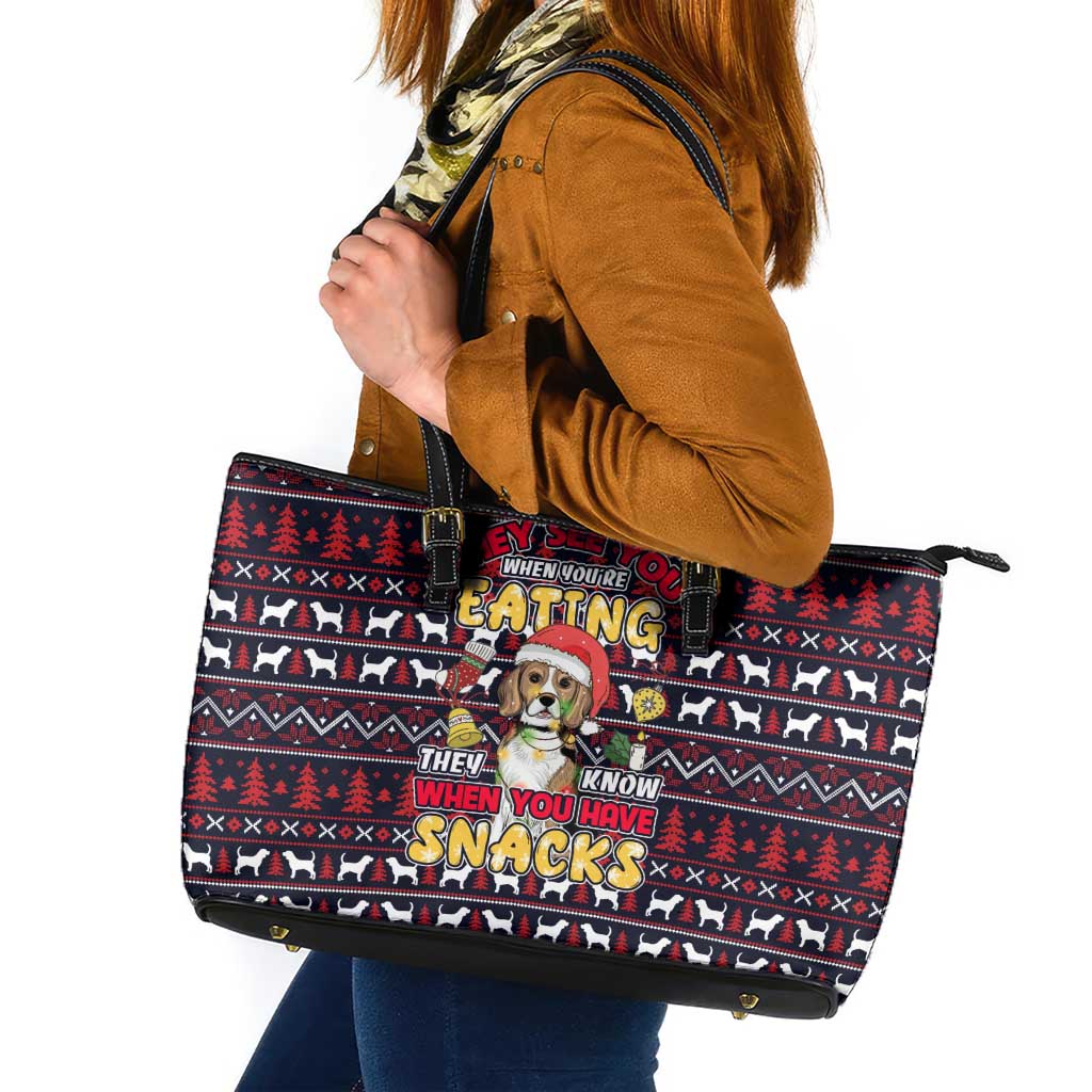 Beagle Dog They Know When You Have Snacks Christmas Leather Tote Bag Xmas Holiday Patterns - Wonder Print Shop