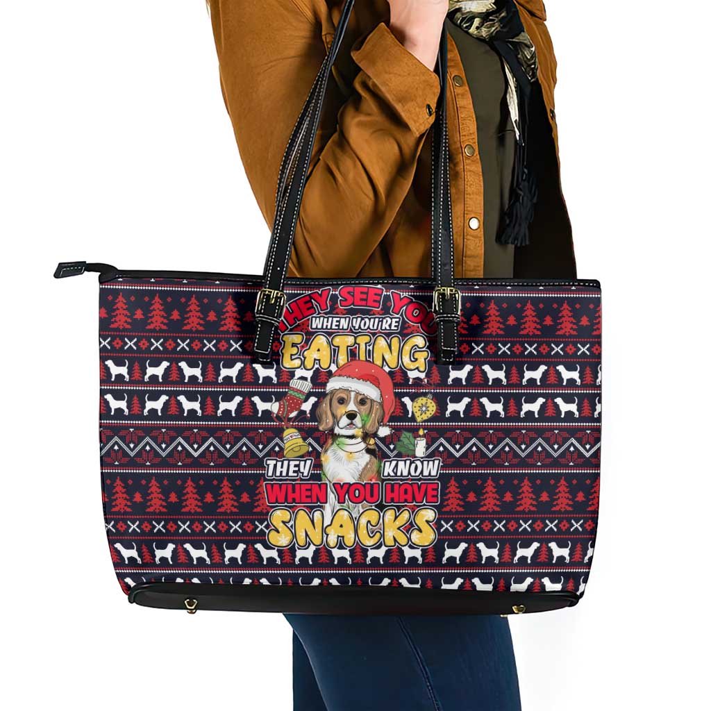 Beagle Dog They Know When You Have Snacks Christmas Leather Tote Bag Xmas Holiday Patterns - Wonder Print Shop