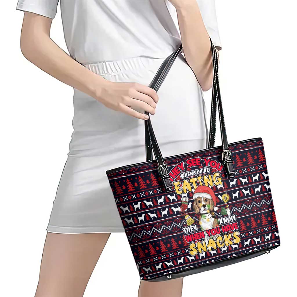 Beagle Dog They Know When You Have Snacks Christmas Leather Tote Bag Xmas Holiday Patterns - Wonder Print Shop