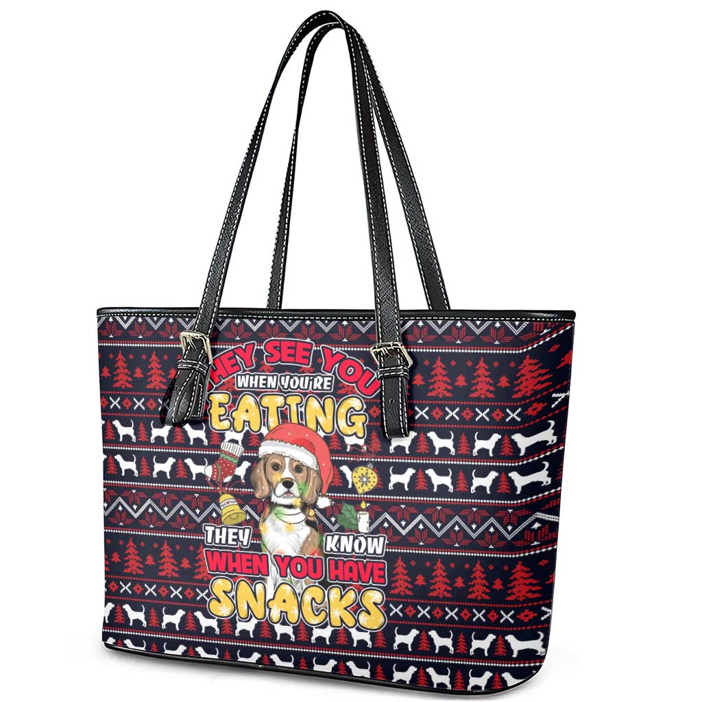 Beagle Dog They Know When You Have Snacks Christmas Leather Tote Bag Xmas Holiday Patterns - Wonder Print Shop