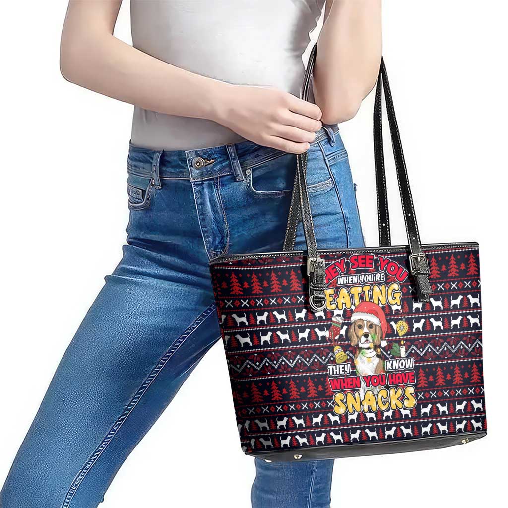 Beagle Dog They Know When You Have Snacks Christmas Leather Tote Bag Xmas Holiday Patterns - Wonder Print Shop