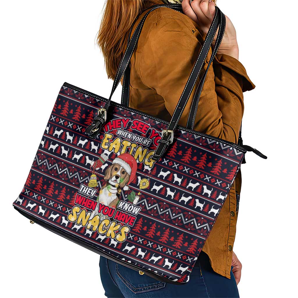 Beagle Dog They Know When You Have Snacks Christmas Leather Tote Bag Xmas Holiday Patterns - Wonder Print Shop