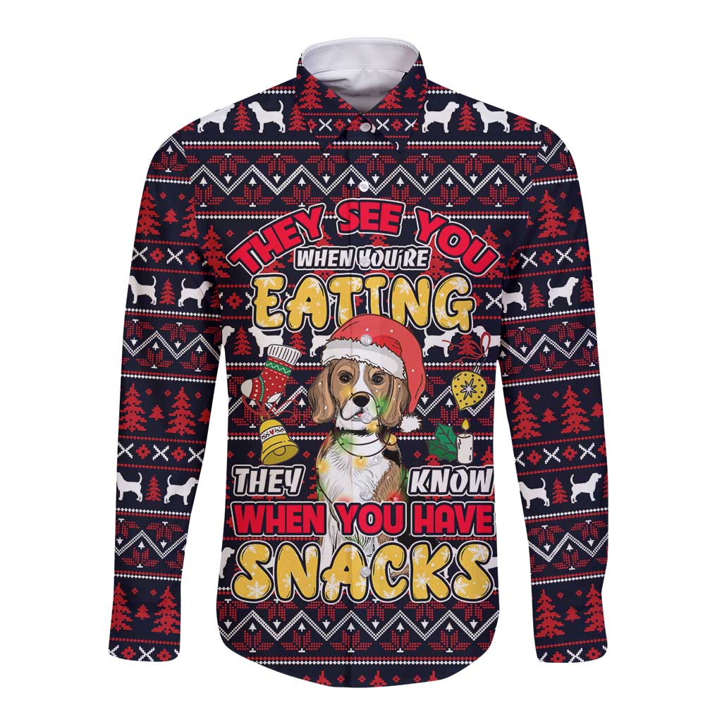 Beagle Dog They Know When You Have Snacks Christmas Long Sleeve Button Shirt Xmas Holiday Patterns - Wonder Print Shop