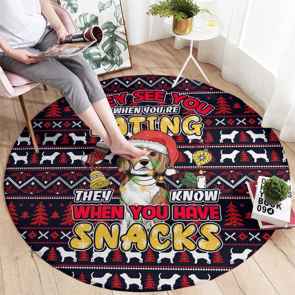 Beagle Dog They Know When You Have Snacks Christmas Round Carpet Xmas Holiday Patterns - Wonder Print Shop