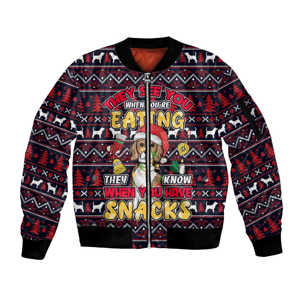 Beagle Dog They Know When You Have Snacks Christmas Sleeve Zip Bomber Jacket Xmas Holiday Patterns - Wonder Print Shop