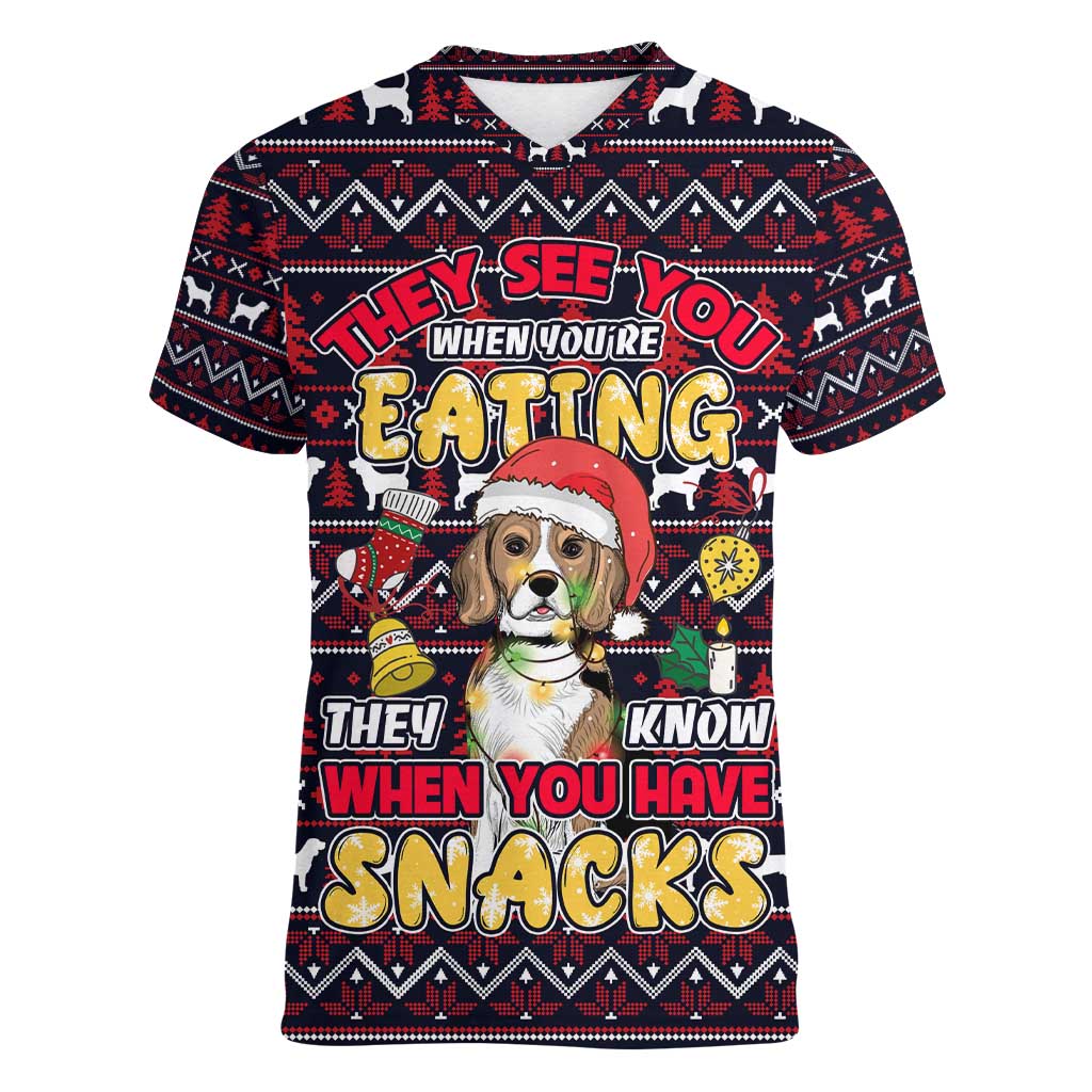 Beagle Dog They Know When You Have Snacks Christmas Women V-Neck T-Shirt Xmas Holiday Patterns - Wonder Print Shop