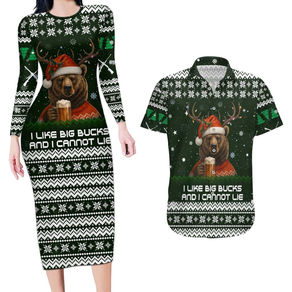 Bear Hunting and Beer Christmas Couples Matching Long Sleeve Bodycon Dress and Hawaiian Shirt Xmas Holiday Patterns - Wonder Print Shop