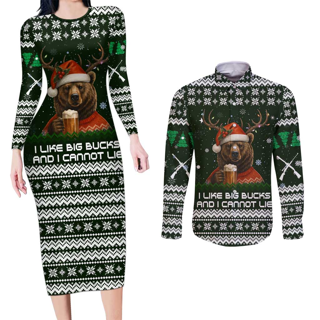 Bear Hunting and Beer Christmas Couples Matching Long Sleeve Bodycon Dress and Long Sleeve Button Shirt Xmas Holiday Patterns - Wonder Print Shop