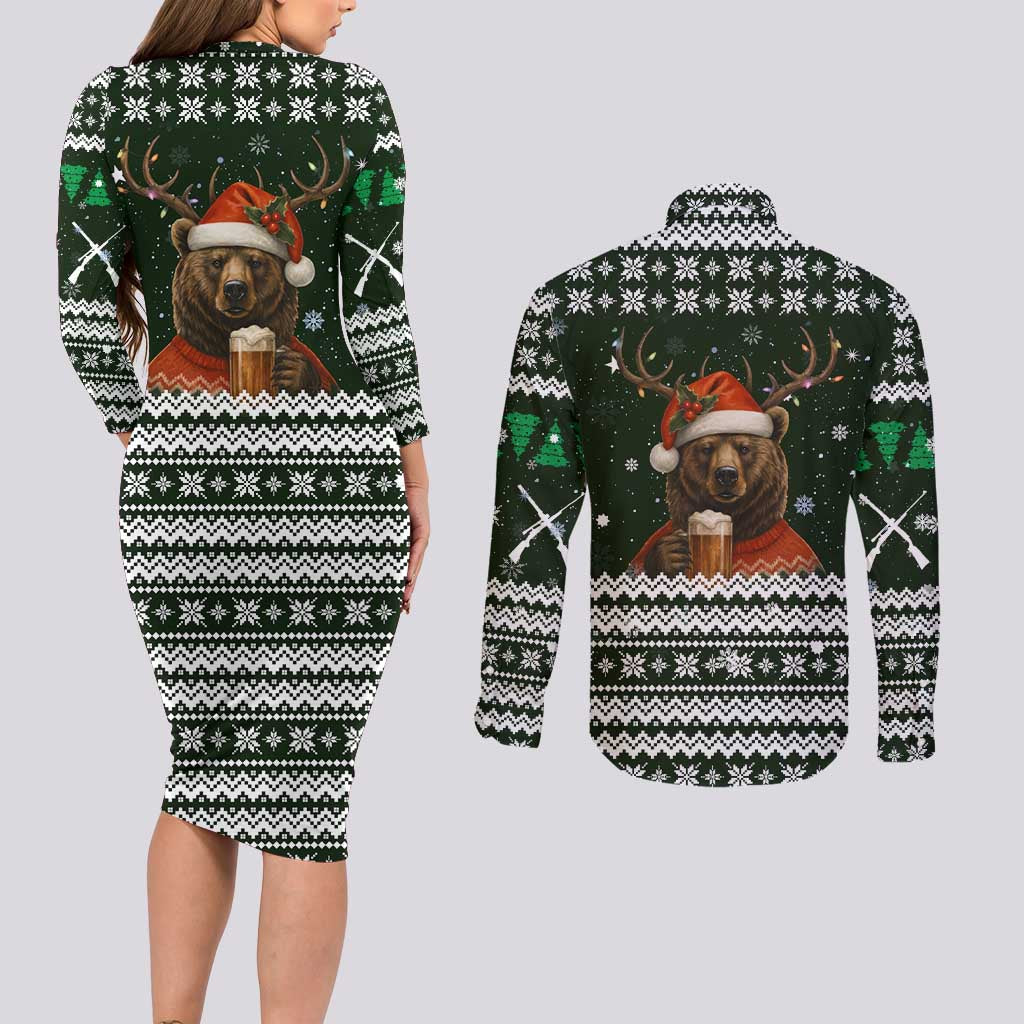 Bear Hunting and Beer Christmas Couples Matching Long Sleeve Bodycon Dress and Long Sleeve Button Shirt Xmas Holiday Patterns - Wonder Print Shop