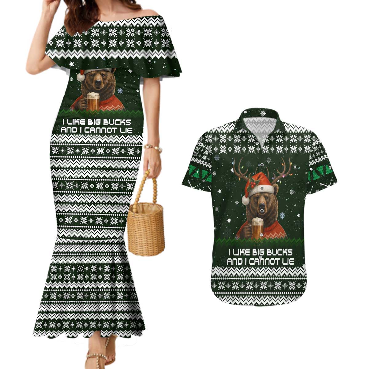 Bear Hunting and Beer Christmas Couples Matching Mermaid Dress and Hawaiian Shirt Xmas Holiday Patterns - Wonder Print Shop