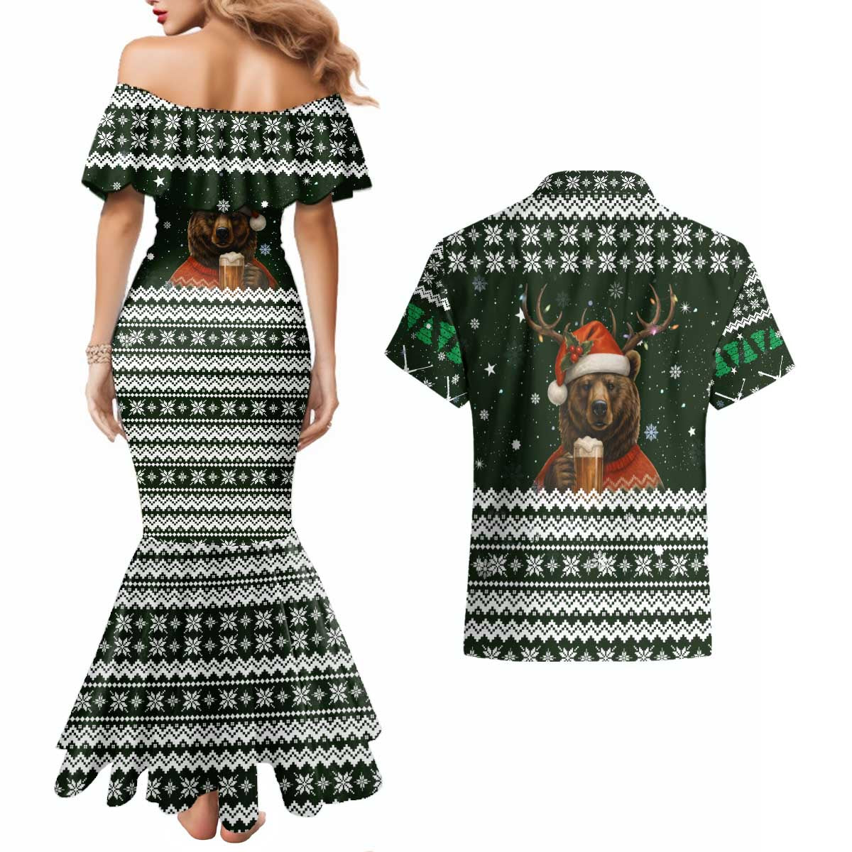 Bear Hunting and Beer Christmas Couples Matching Mermaid Dress and Hawaiian Shirt Xmas Holiday Patterns - Wonder Print Shop