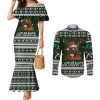 Bear Hunting and Beer Christmas Couples Matching Mermaid Dress and Long Sleeve Button Shirt Xmas Holiday Patterns - Wonder Print Shop