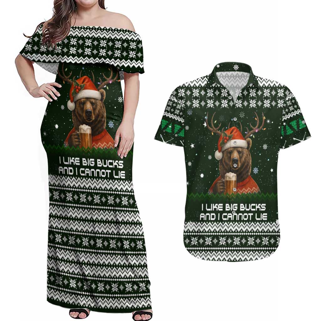 Bear Hunting and Beer Christmas Couples Matching Off Shoulder Maxi Dress and Hawaiian Shirt Xmas Holiday Patterns - Wonder Print Shop