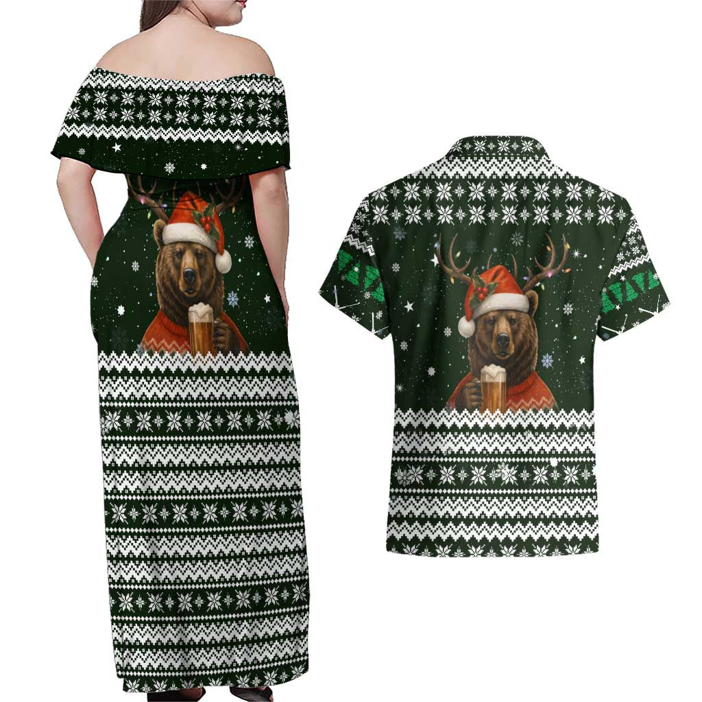 Bear Hunting and Beer Christmas Couples Matching Off Shoulder Maxi Dress and Hawaiian Shirt Xmas Holiday Patterns - Wonder Print Shop
