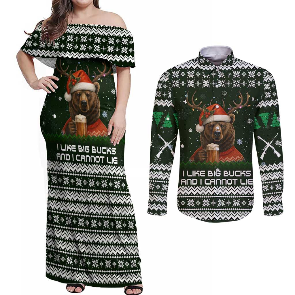Bear Hunting and Beer Christmas Couples Matching Off Shoulder Maxi Dress and Long Sleeve Button Shirt Xmas Holiday Patterns - Wonder Print Shop