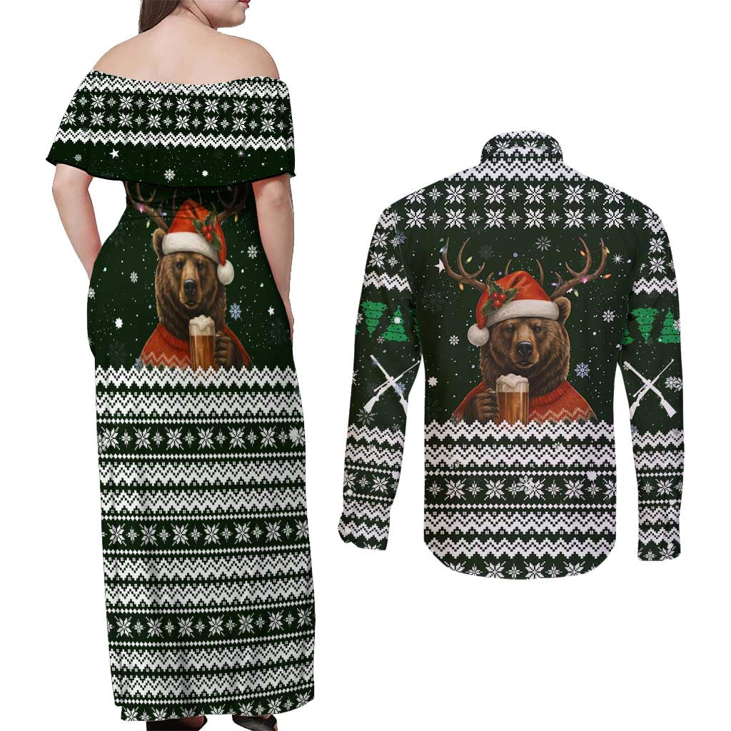 Bear Hunting and Beer Christmas Couples Matching Off Shoulder Maxi Dress and Long Sleeve Button Shirt Xmas Holiday Patterns - Wonder Print Shop