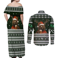 Bear Hunting and Beer Christmas Couples Matching Off Shoulder Maxi Dress and Long Sleeve Button Shirt Xmas Holiday Patterns - Wonder Print Shop