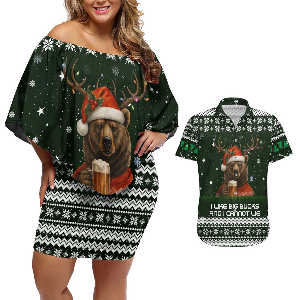 Bear Hunting and Beer Christmas Couples Matching Off Shoulder Short Dress and Hawaiian Shirt Xmas Holiday Patterns - Wonder Print Shop