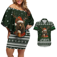 Bear Hunting and Beer Christmas Couples Matching Off Shoulder Short Dress and Hawaiian Shirt Xmas Holiday Patterns - Wonder Print Shop