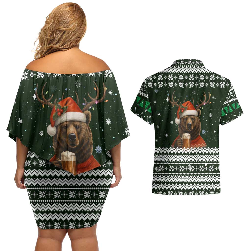 Bear Hunting and Beer Christmas Couples Matching Off Shoulder Short Dress and Hawaiian Shirt Xmas Holiday Patterns - Wonder Print Shop