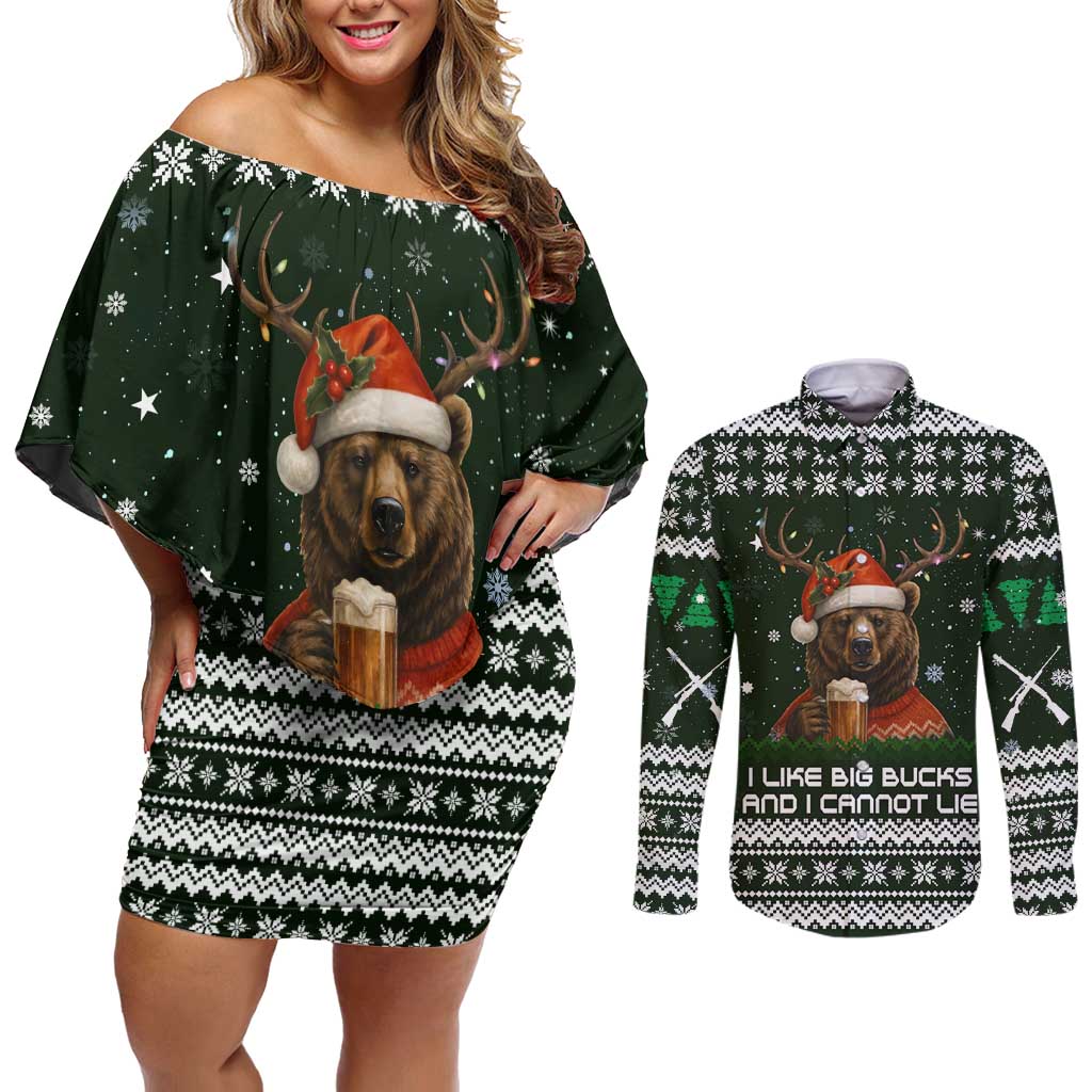 Bear Hunting and Beer Christmas Couples Matching Off Shoulder Short Dress and Long Sleeve Button Shirt Xmas Holiday Patterns - Wonder Print Shop