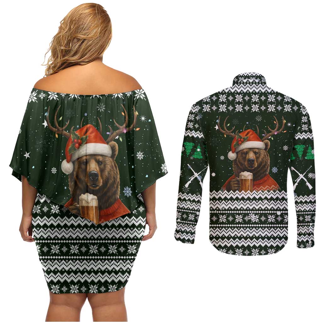 Bear Hunting and Beer Christmas Couples Matching Off Shoulder Short Dress and Long Sleeve Button Shirt Xmas Holiday Patterns - Wonder Print Shop