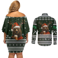 Bear Hunting and Beer Christmas Couples Matching Off Shoulder Short Dress and Long Sleeve Button Shirt Xmas Holiday Patterns - Wonder Print Shop