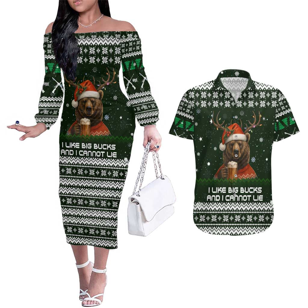 Bear Hunting and Beer Christmas Couples Matching Off The Shoulder Long Sleeve Dress and Hawaiian Shirt Xmas Holiday Patterns - Wonder Print Shop