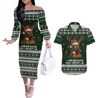 Bear Hunting and Beer Christmas Couples Matching Off The Shoulder Long Sleeve Dress and Hawaiian Shirt Xmas Holiday Patterns - Wonder Print Shop