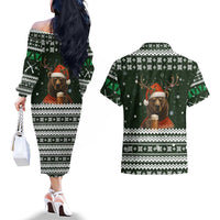 Bear Hunting and Beer Christmas Couples Matching Off The Shoulder Long Sleeve Dress and Hawaiian Shirt Xmas Holiday Patterns - Wonder Print Shop