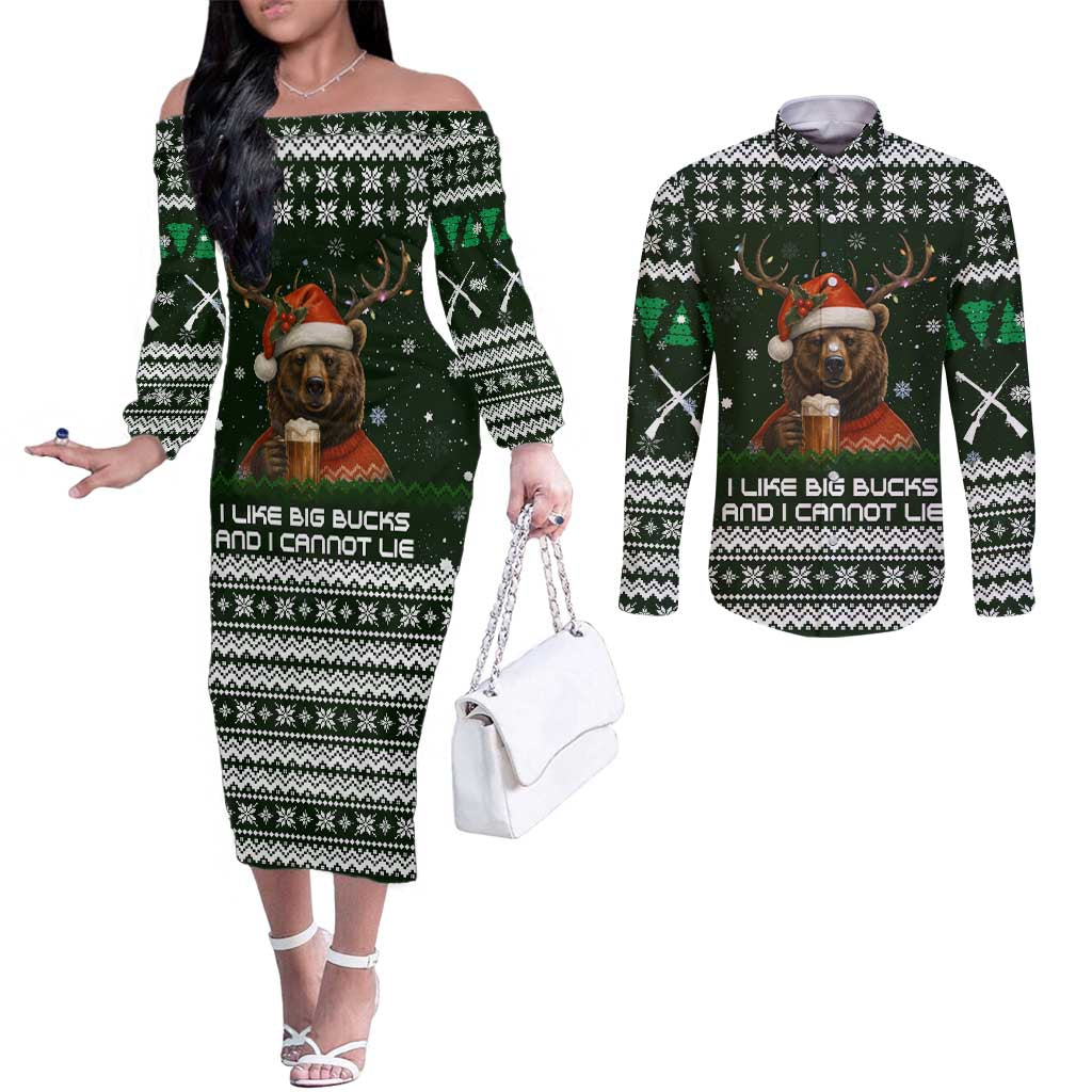 Bear Hunting and Beer Christmas Couples Matching Off The Shoulder Long Sleeve Dress and Long Sleeve Button Shirt Xmas Holiday Patterns - Wonder Print Shop