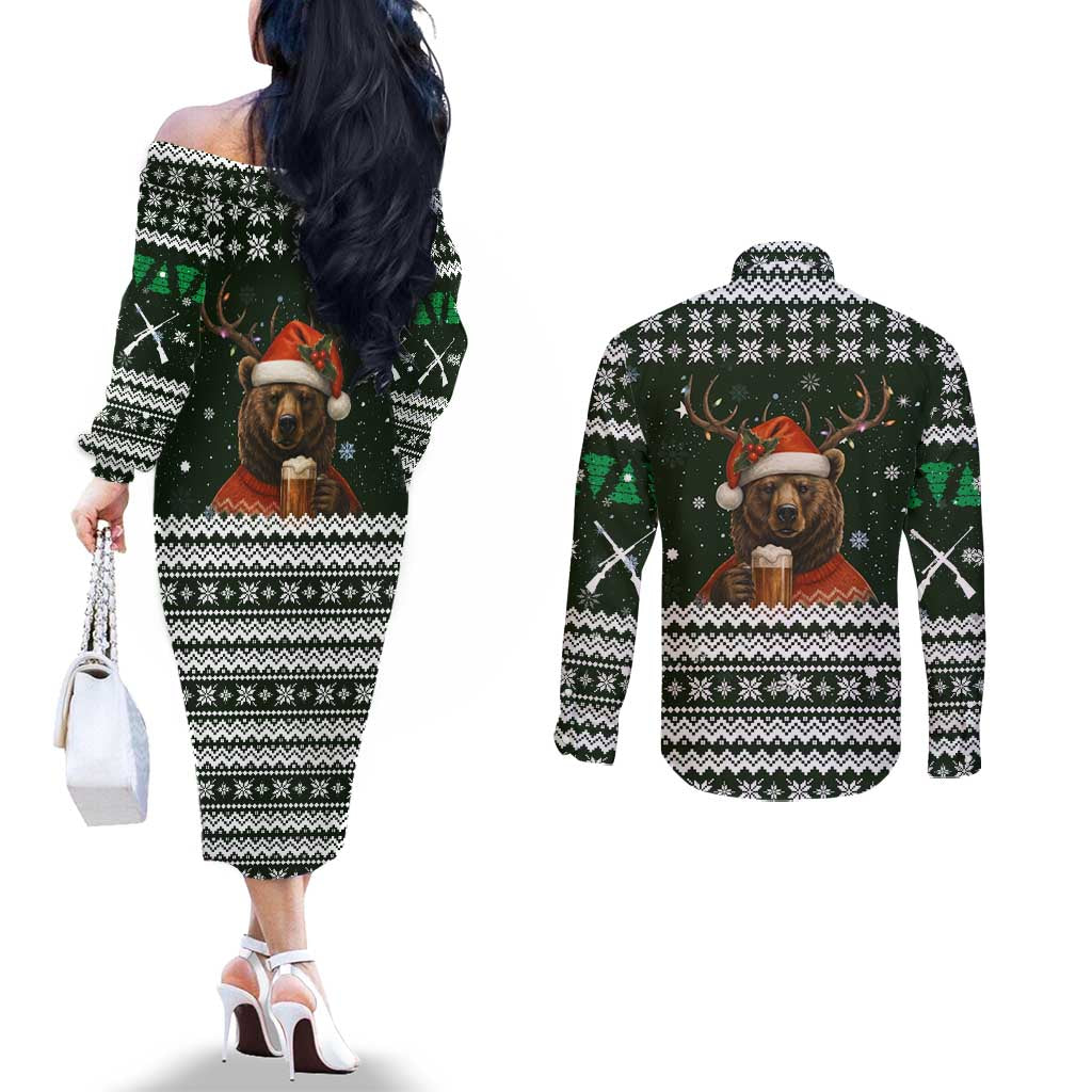 Bear Hunting and Beer Christmas Couples Matching Off The Shoulder Long Sleeve Dress and Long Sleeve Button Shirt Xmas Holiday Patterns - Wonder Print Shop