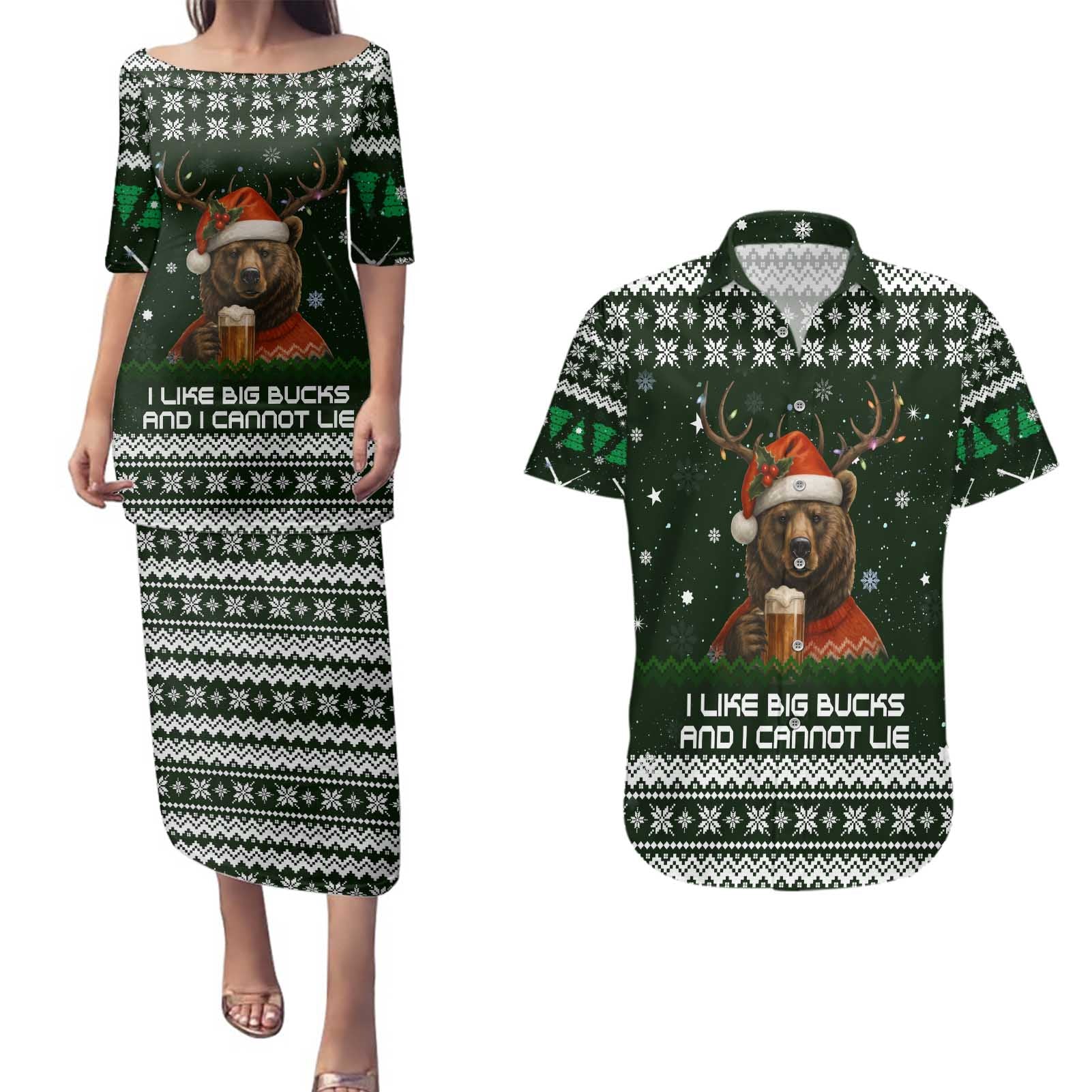 Bear Hunting and Beer Christmas Couples Matching Puletasi and Hawaiian Shirt Xmas Holiday Patterns - Wonder Print Shop