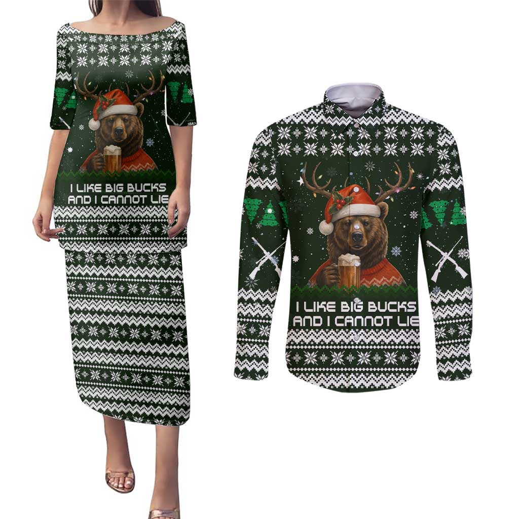 Bear Hunting and Beer Christmas Couples Matching Puletasi and Long Sleeve Button Shirt Xmas Holiday Patterns - Wonder Print Shop