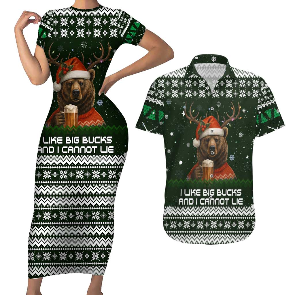 Bear Hunting and Beer Christmas Couples Matching Short Sleeve Bodycon Dress and Hawaiian Shirt Xmas Holiday Patterns - Wonder Print Shop
