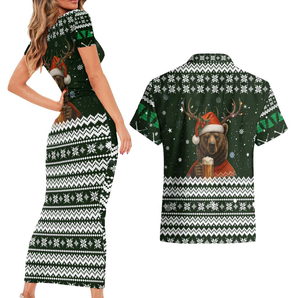 Bear Hunting and Beer Christmas Couples Matching Short Sleeve Bodycon Dress and Hawaiian Shirt Xmas Holiday Patterns - Wonder Print Shop