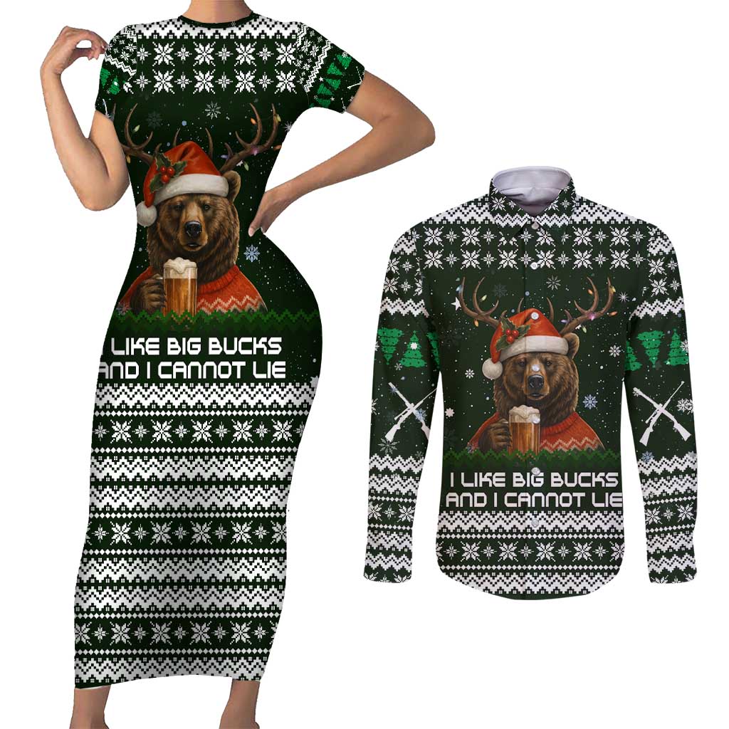 Bear Hunting and Beer Christmas Couples Matching Short Sleeve Bodycon Dress and Long Sleeve Button Shirt Xmas Holiday Patterns - Wonder Print Shop