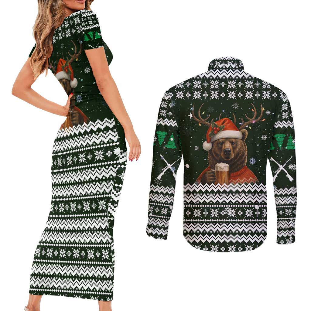 Bear Hunting and Beer Christmas Couples Matching Short Sleeve Bodycon Dress and Long Sleeve Button Shirt Xmas Holiday Patterns - Wonder Print Shop