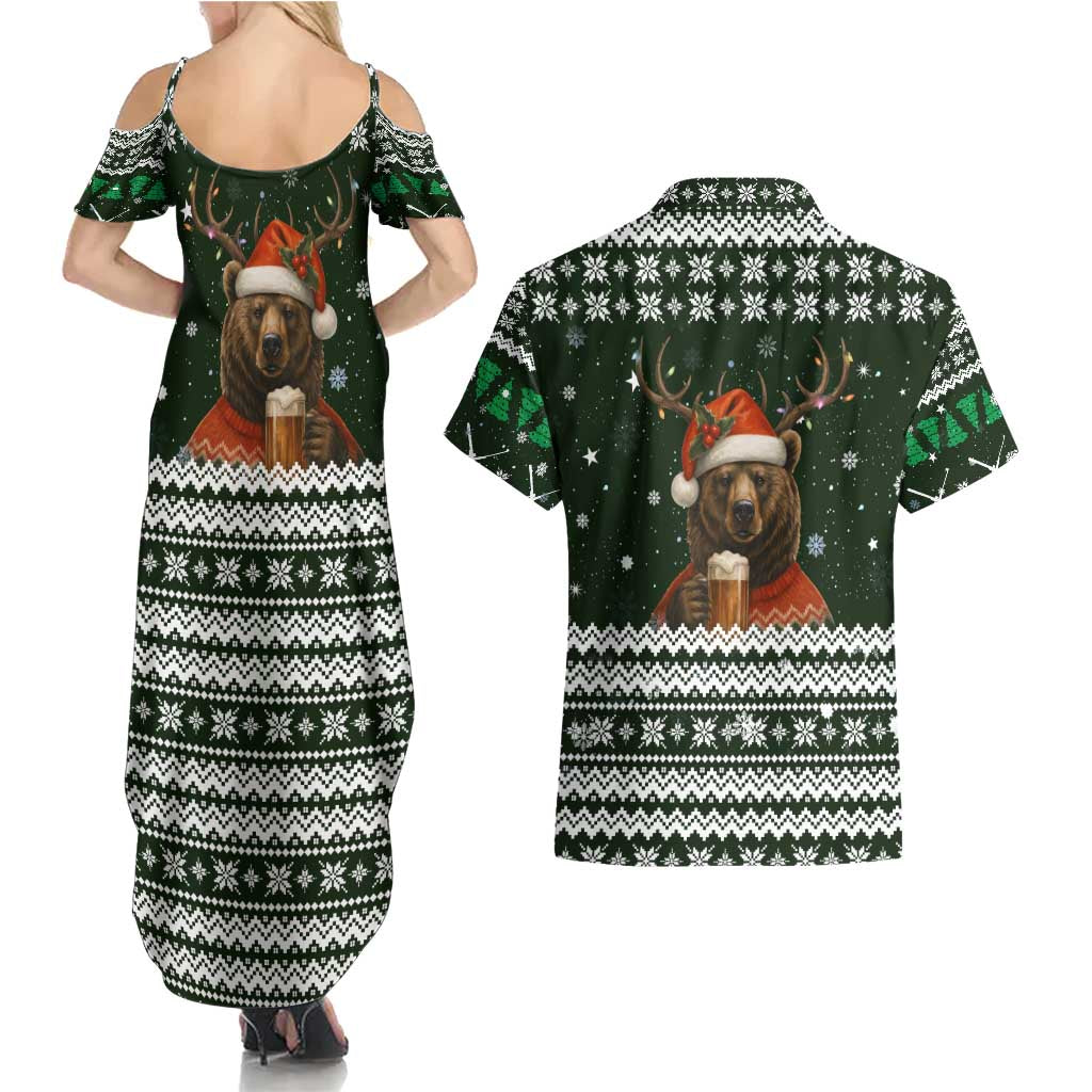 Bear Hunting and Beer Christmas Couples Matching Summer Maxi Dress and Hawaiian Shirt Xmas Holiday Patterns - Wonder Print Shop