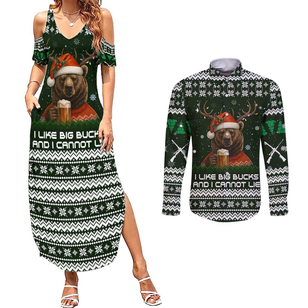 Bear Hunting and Beer Christmas Couples Matching Summer Maxi Dress and Long Sleeve Button Shirt Xmas Holiday Patterns - Wonder Print Shop