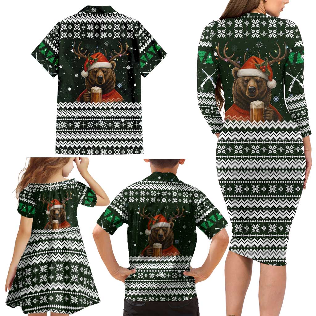 Bear Hunting and Beer Christmas Family Matching Long Sleeve Bodycon Dress and Hawaiian Shirt Xmas Holiday Patterns - Wonder Print Shop