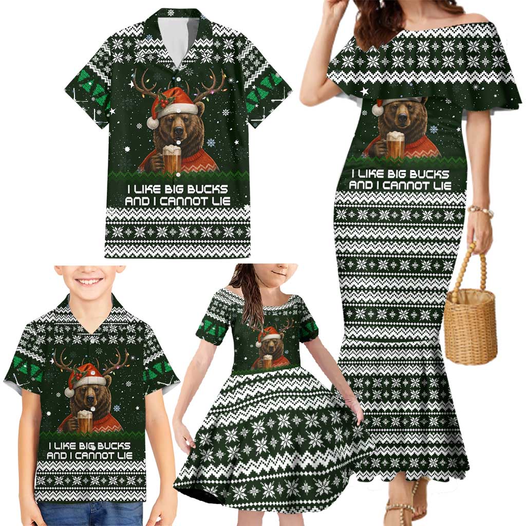 Bear Hunting and Beer Christmas Family Matching Mermaid Dress and Hawaiian Shirt Xmas Holiday Patterns - Wonder Print Shop