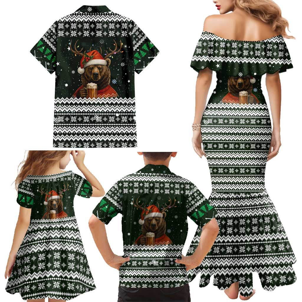 Bear Hunting and Beer Christmas Family Matching Mermaid Dress and Hawaiian Shirt Xmas Holiday Patterns - Wonder Print Shop