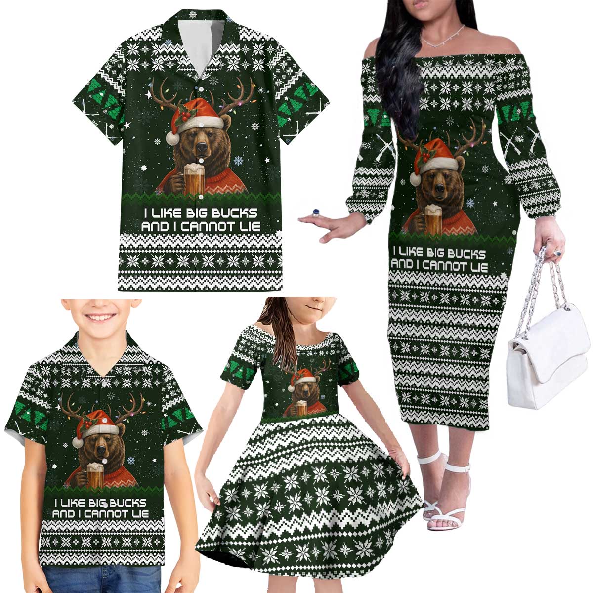 Bear Hunting and Beer Christmas Family Matching Off The Shoulder Long Sleeve Dress and Hawaiian Shirt Xmas Holiday Patterns - Wonder Print Shop
