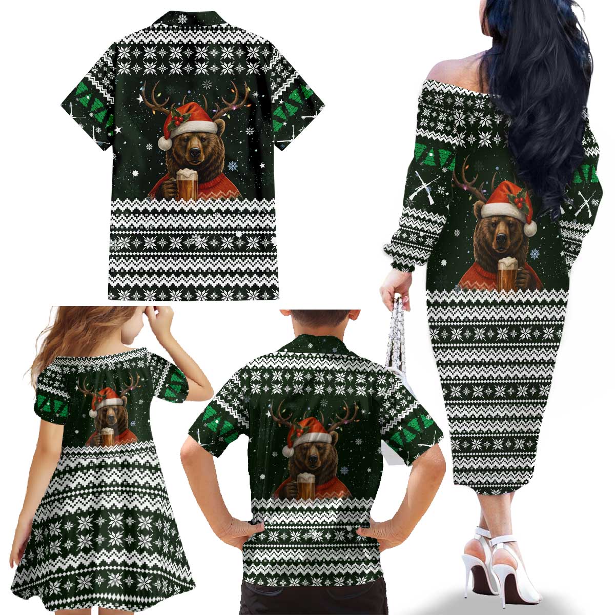 Bear Hunting and Beer Christmas Family Matching Off The Shoulder Long Sleeve Dress and Hawaiian Shirt Xmas Holiday Patterns - Wonder Print Shop