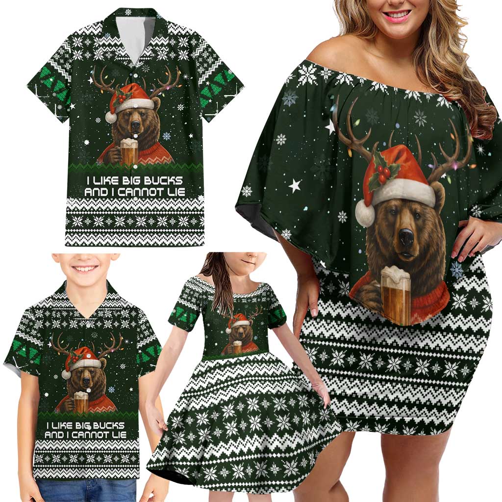 Bear Hunting and Beer Christmas Family Matching Off Shoulder Short Dress and Hawaiian Shirt Xmas Holiday Patterns - Wonder Print Shop