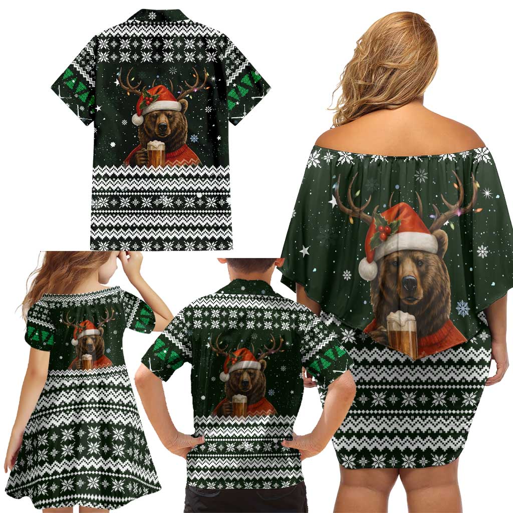 Bear Hunting and Beer Christmas Family Matching Off Shoulder Short Dress and Hawaiian Shirt Xmas Holiday Patterns - Wonder Print Shop